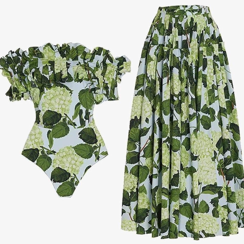 Women Floral Print Swimsuit with Maxi Beach Skirt Bathing - Picture 3 of 3